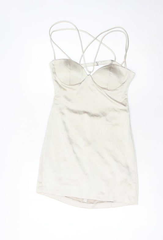 Zara Women’s Beige Slip Dress Size 12 Short Satin Sweetheart Backless