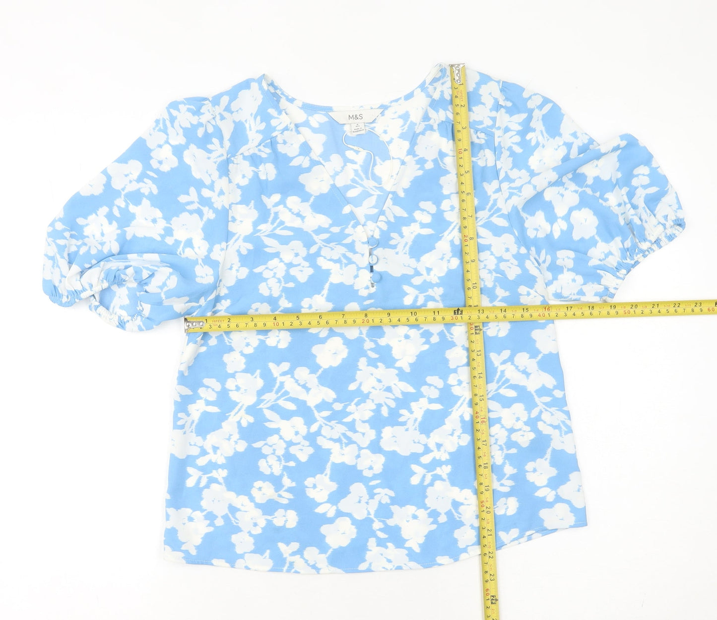 Marks and Spencer Women's Blue Floral V-Neck Blouse Size 6