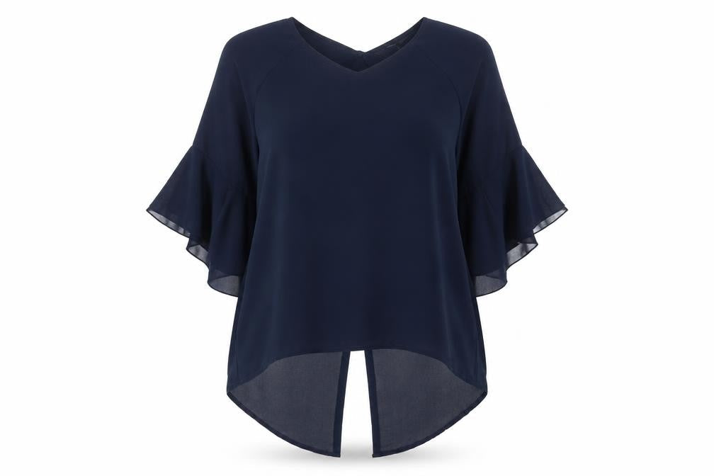 James Lakeland Women’s Blue Chiffon Tunic Blouse Size 14 V-Neck Flared Sleeve