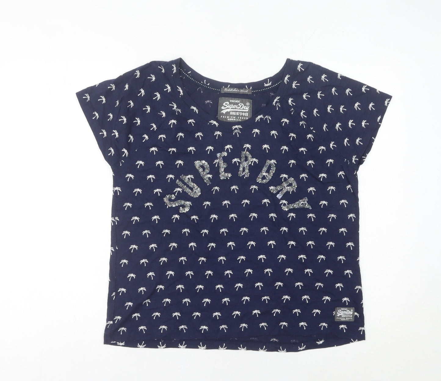 Superdry Womens Blue L Tropical Sequin Embellished T-Shirt