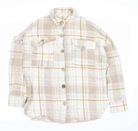 Carolina Women’s Beige Plaid Button-Up Shirt Size 2 Long Sleeve Woven