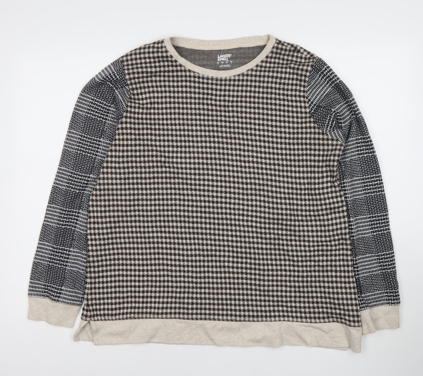 Lands' End Women's Brown Check Crew Neck XL Pullover Jumper Cotton Blend