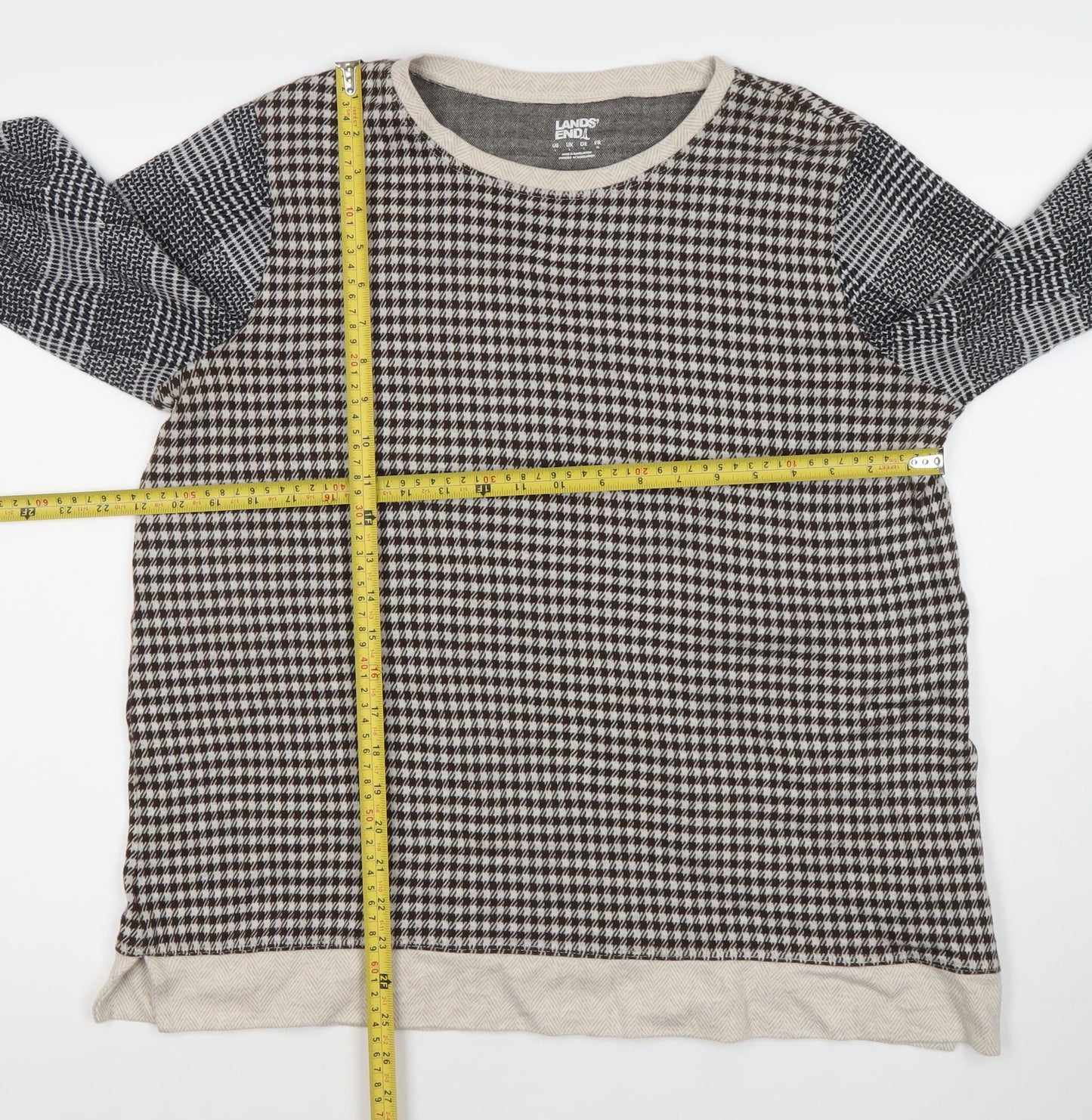 Lands' End Women's Brown Check Crew Neck XL Pullover Jumper Cotton Blend