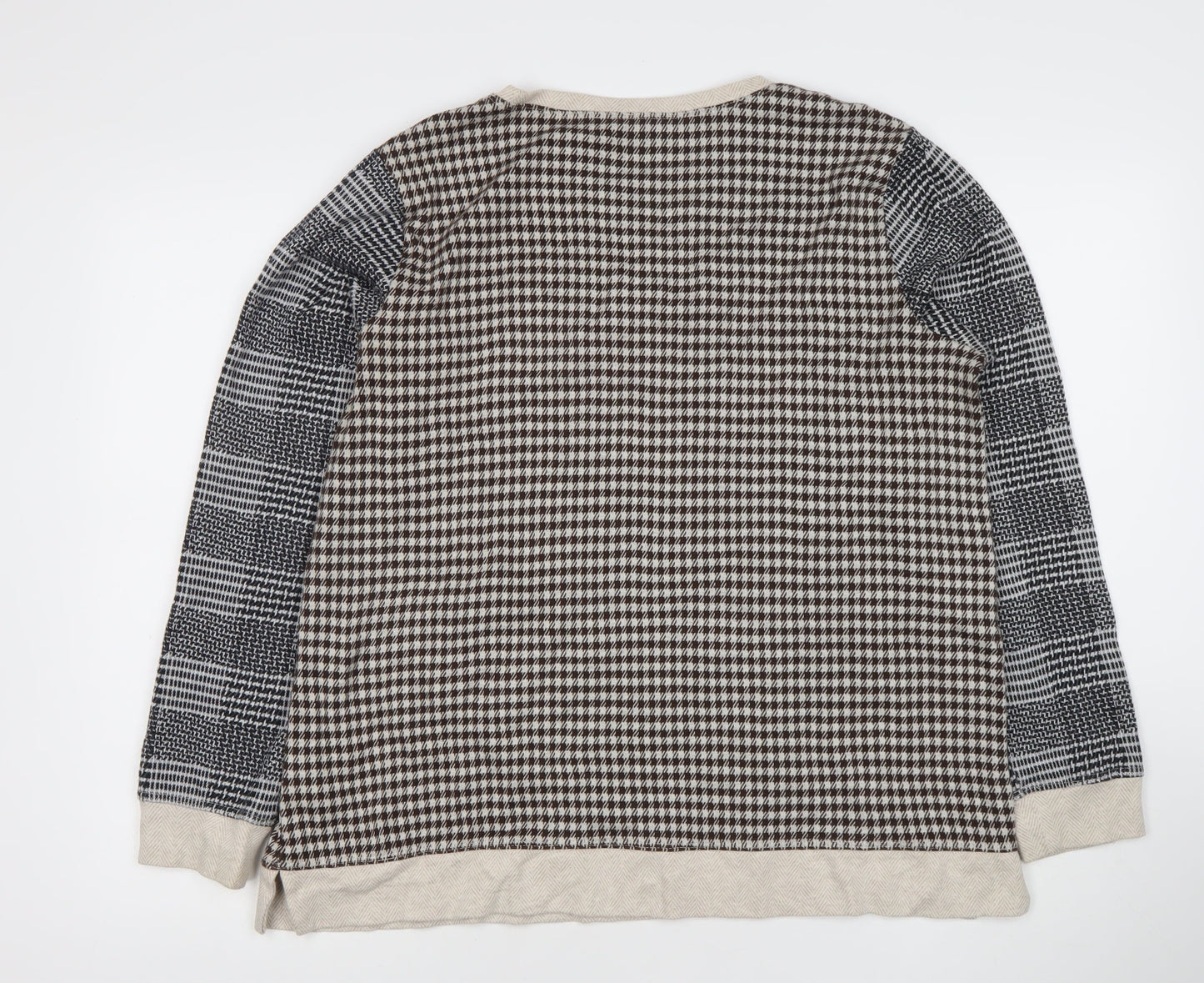 Lands' End Women's Brown Check Crew Neck XL Pullover Jumper Cotton Blend