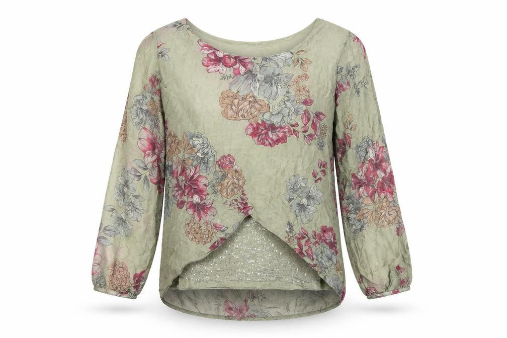 Viola Borghi Womens Green Floral Chiffon Blouse M Long Sleeve Sequin Detail