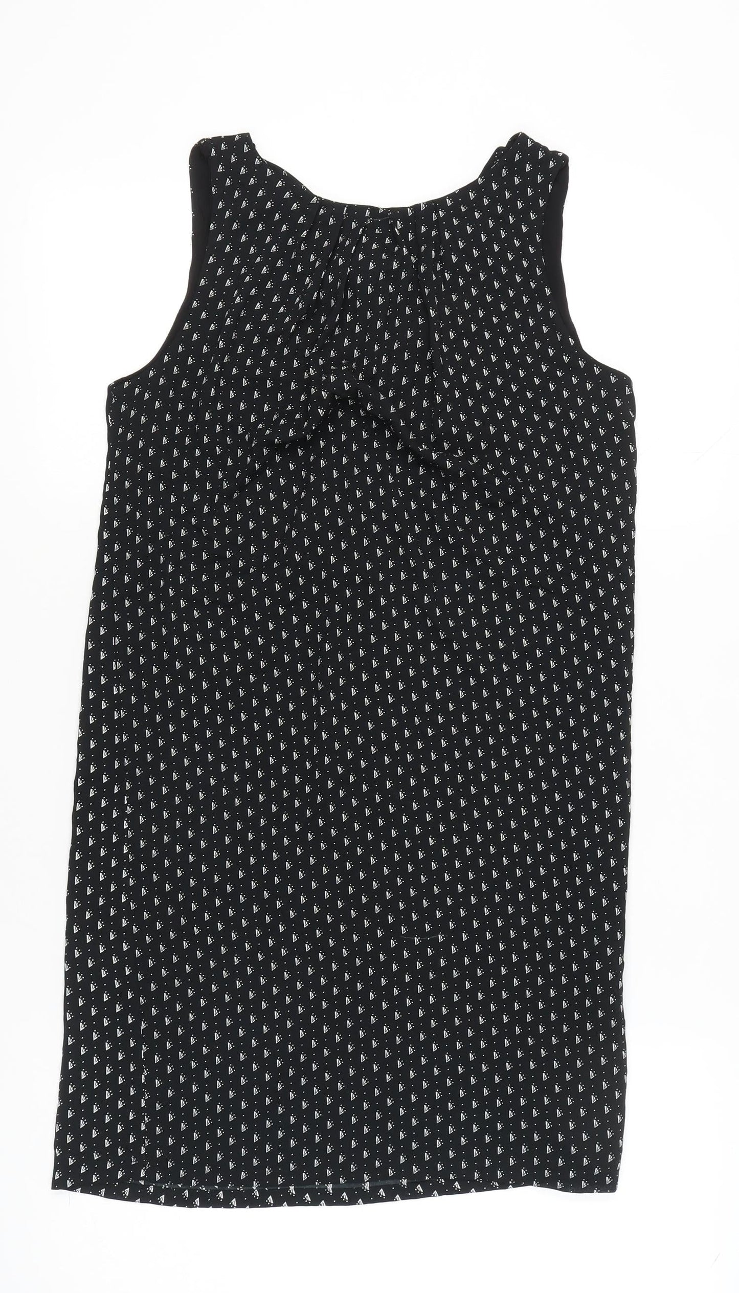 H&M Women’s Black Geometric Shift Dress Size 8 Sleeveless Tie Neck