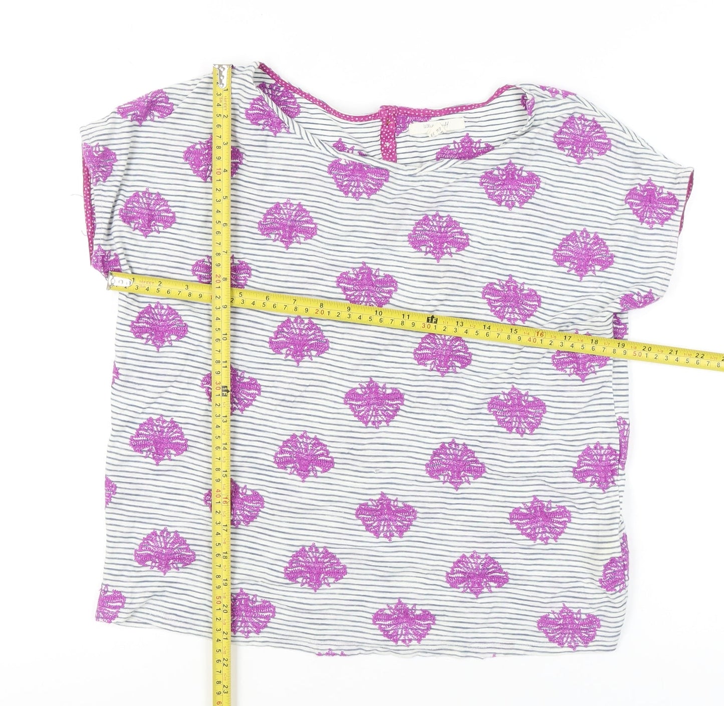 White Stuff Women's Multicoloured Cotton Blouse UK 10 Round Neck Cap Sleeve