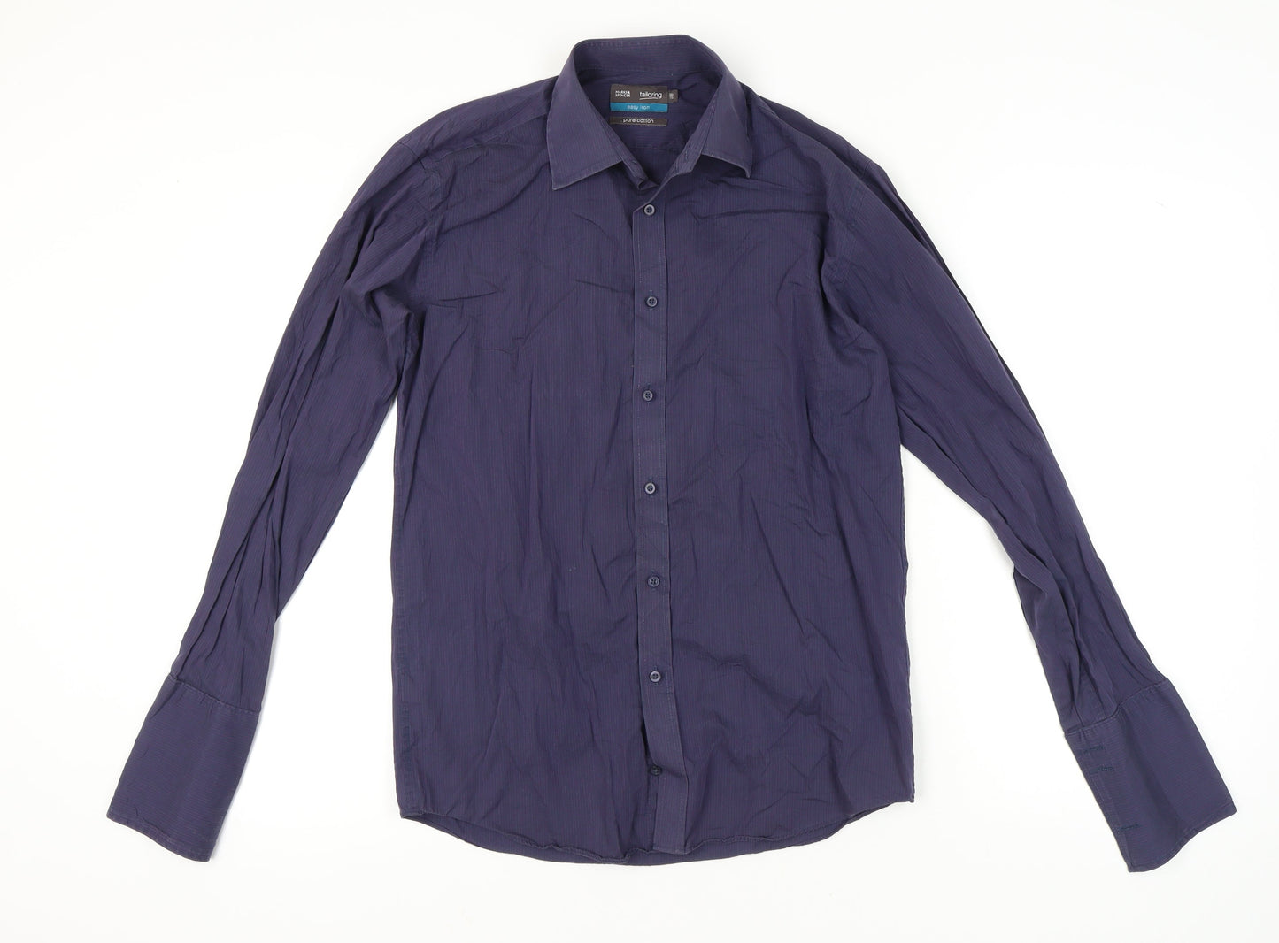 Marks and Spencer Men's Blue Striped Cotton Dress Shirt 38 Long Sleeve