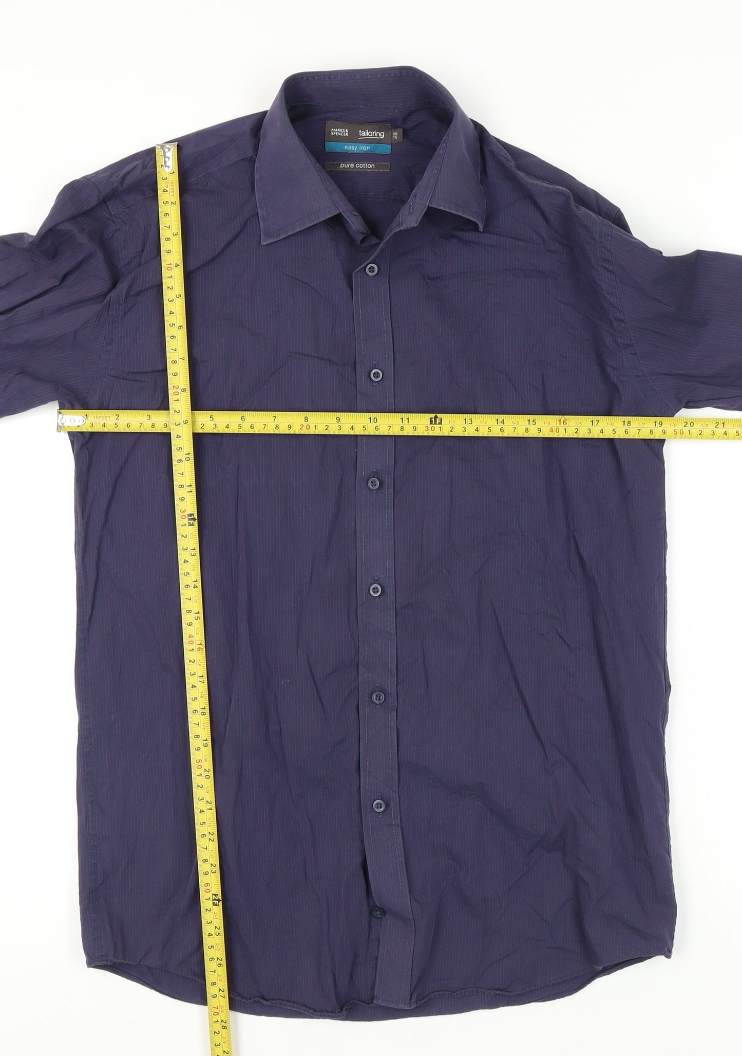 Marks and Spencer Men's Blue Striped Cotton Dress Shirt 38 Long Sleeve
