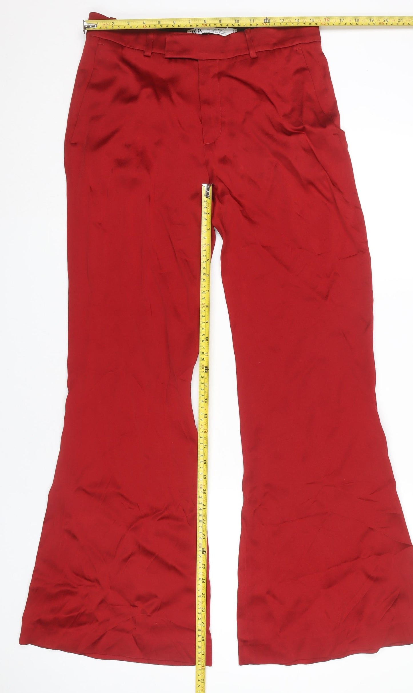 Zara Women Red Flared Trousers Size 12 Acetate Viscose Formal