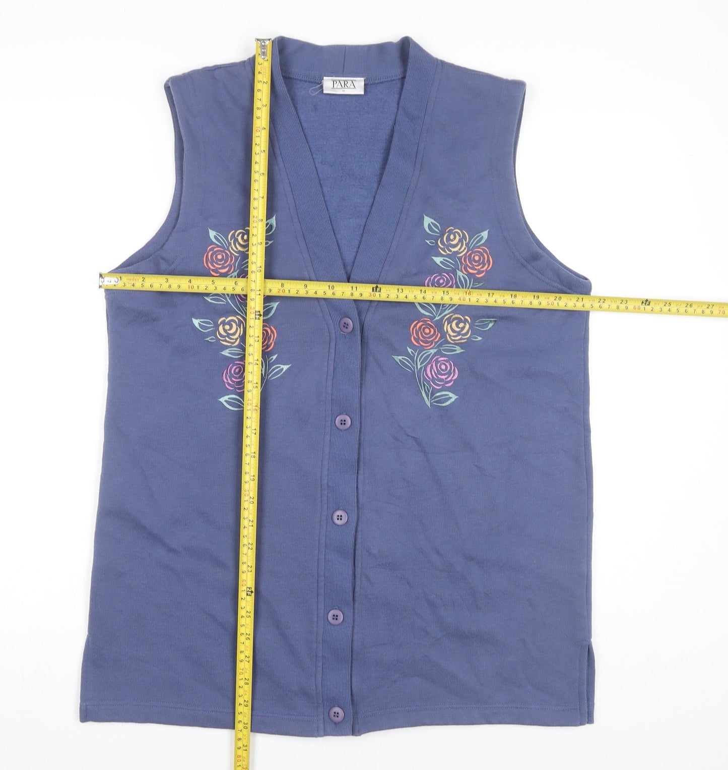 PARA Women's Blue Floral Embroidered Vest M Sleeveless V-Neck