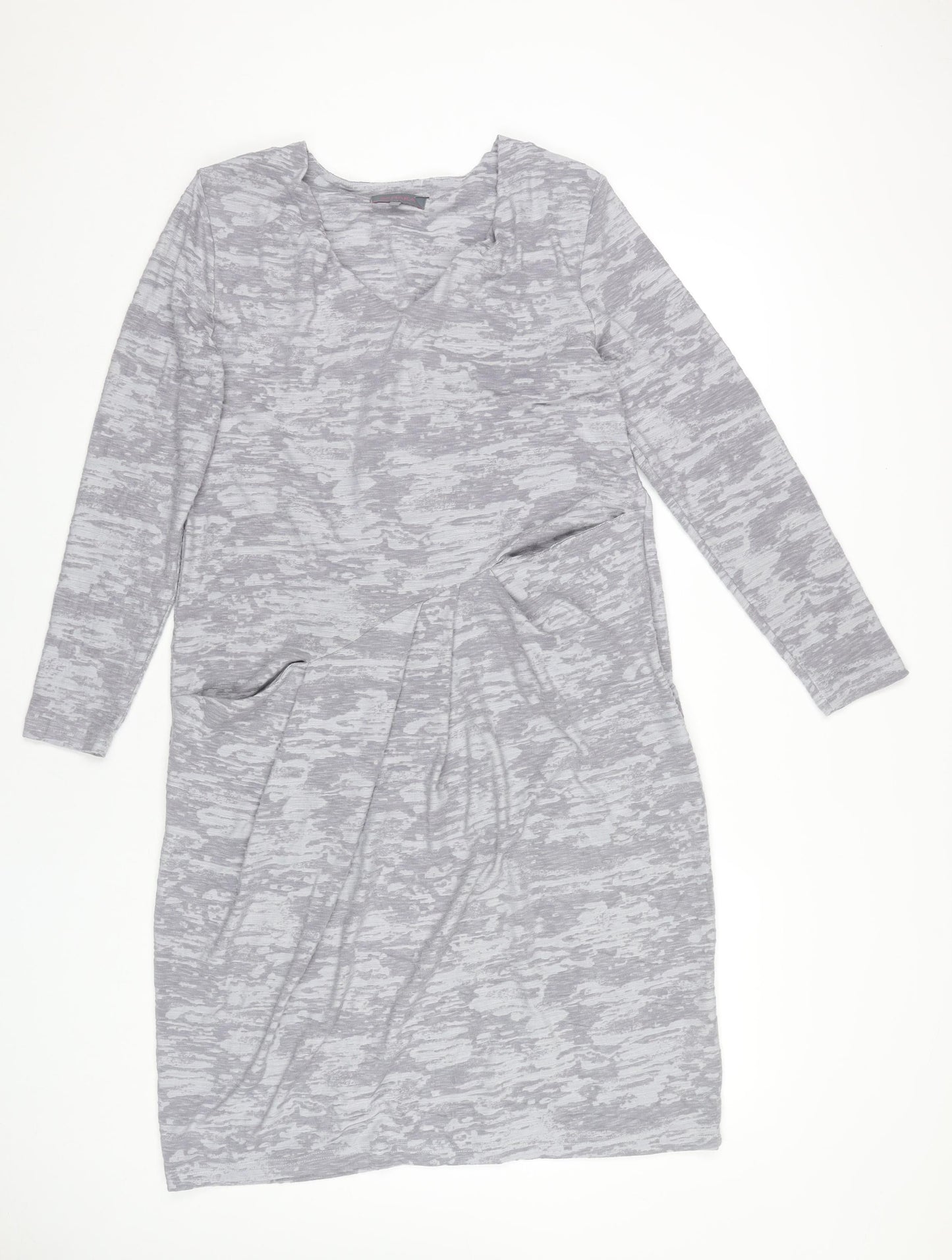 Sahara Women’s Grey Knit Knee Length Shift Dress Size S V-Neck Pockets