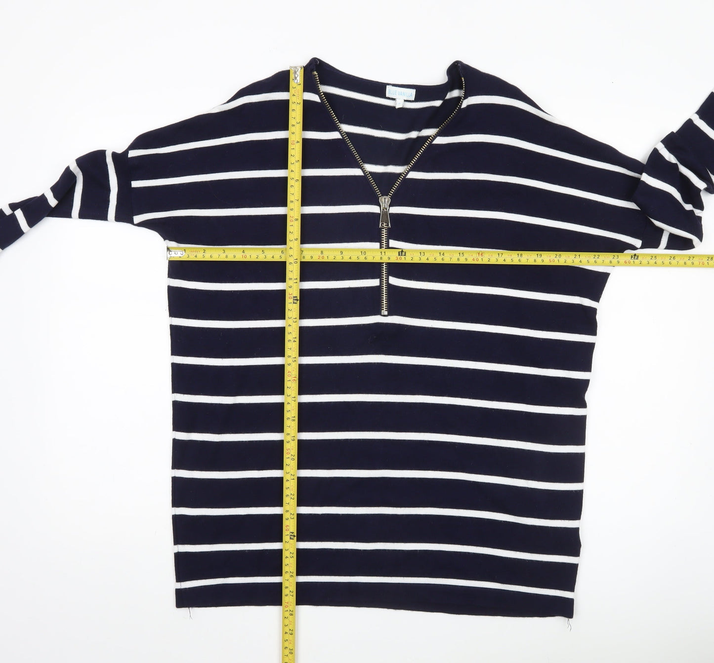 Blue Vanilla Womens Blue Striped Zip V-Neck Jumper Size S