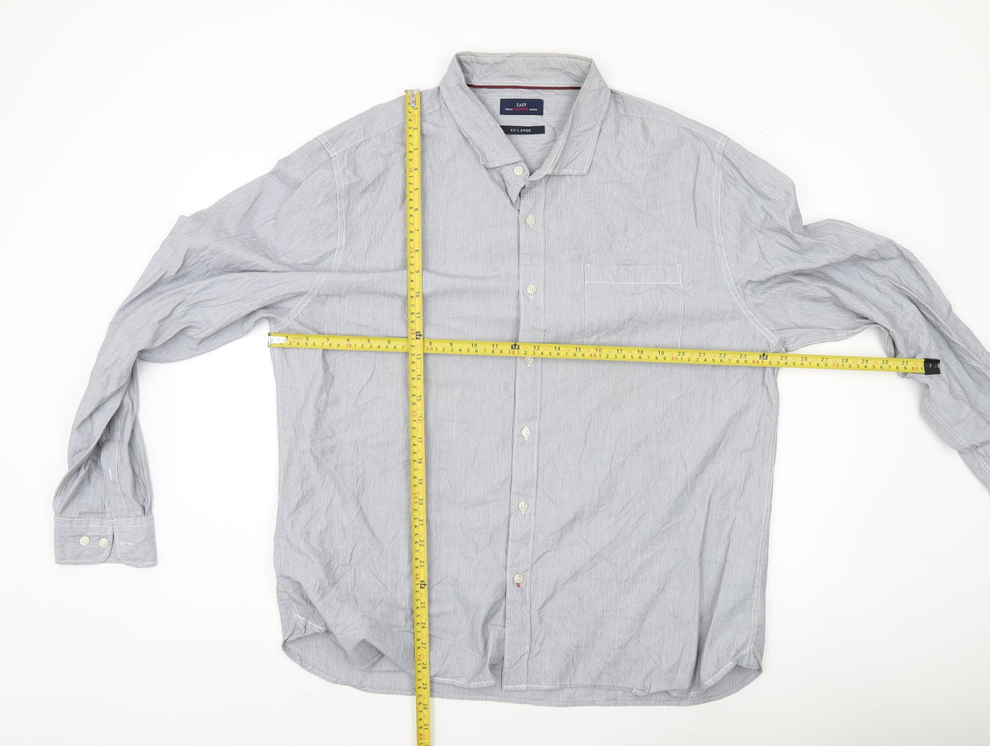 Easy Men’s Grey Striped Cotton Button-Up Shirt 2XL Long Sleeve