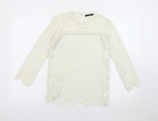 Zara Women Ivory Lace Blouse Medium Long Sleeve Crew Neck