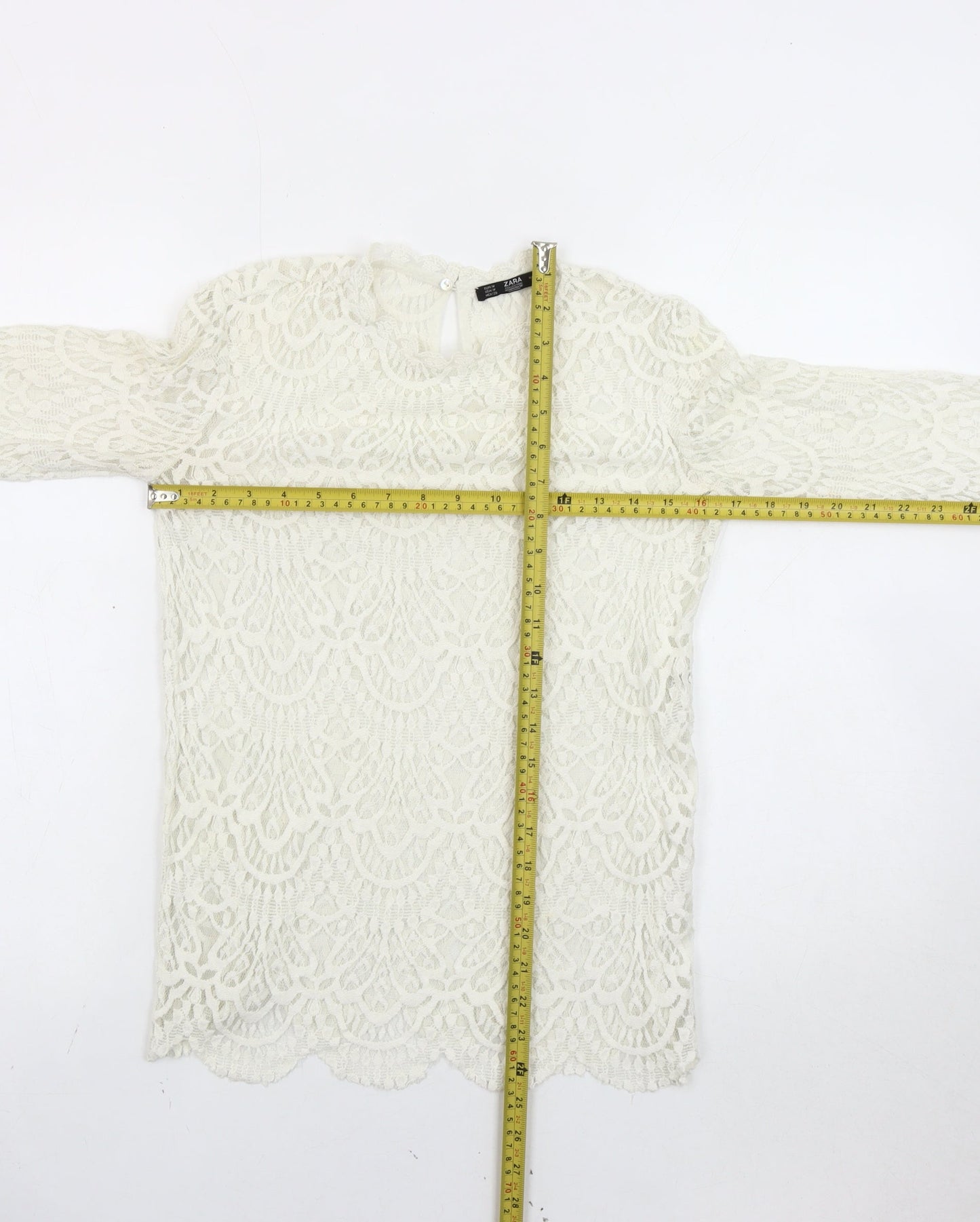 Zara Women Ivory Lace Blouse Medium Long Sleeve Crew Neck