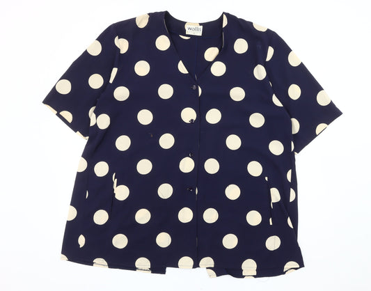 Wallis Women Blue Polka Dot Blouse Size 12 Short Sleeve V-Neck