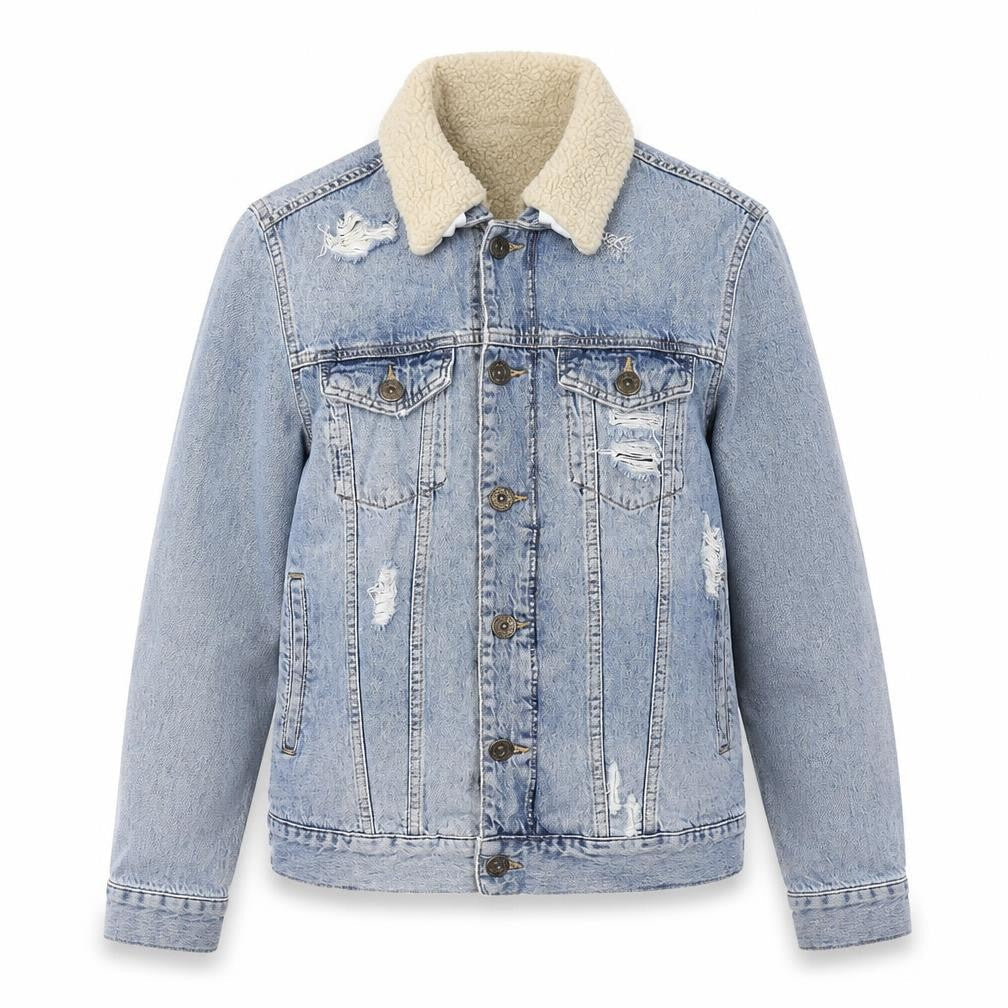 Condemned Nation Womens Blue Denim Sherpa Jacket Size S Distressed