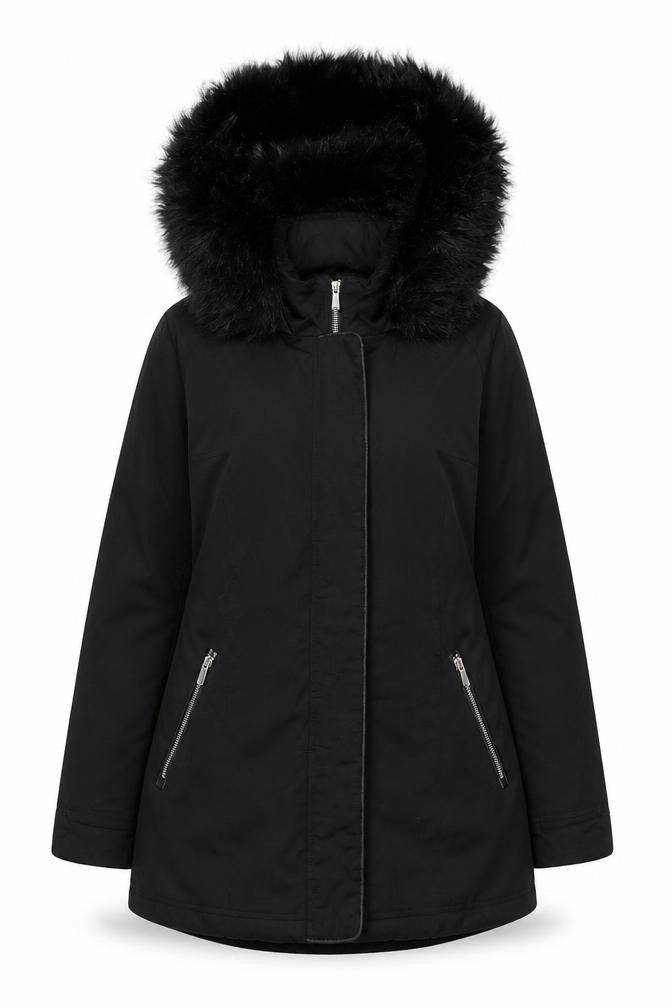 Miss Selfridge Womens Black Faux Fur Hooded Parka Coat Size 8