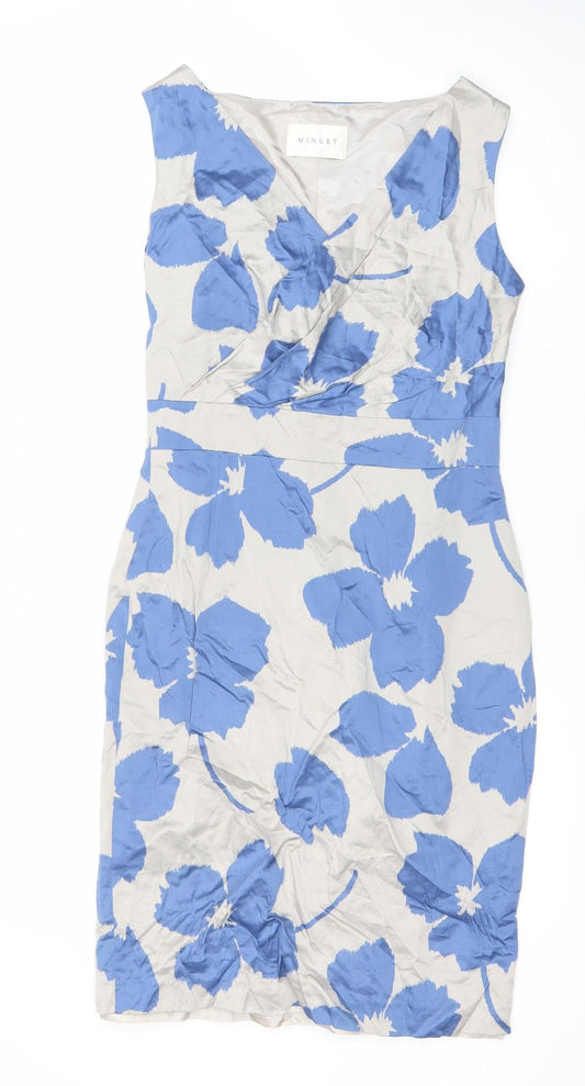 Minuet Women’s Blue Beige Floral Sheath Dress Size 8 Knee Length