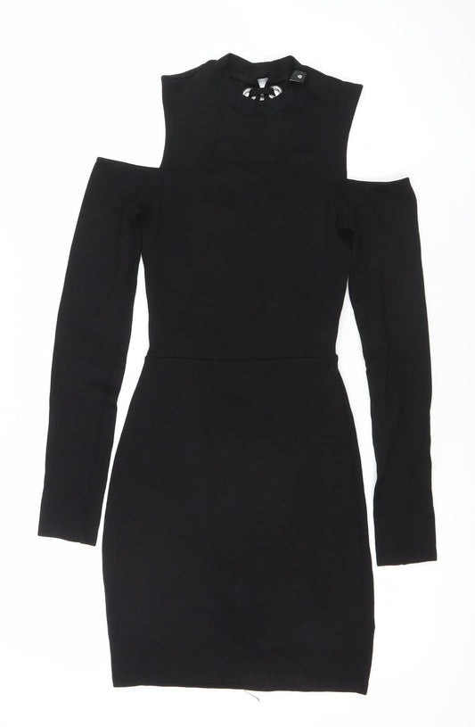H&M Divided Women’s Black Bodycon Mini Dress Size 6 Lace Up Long Sleeve
