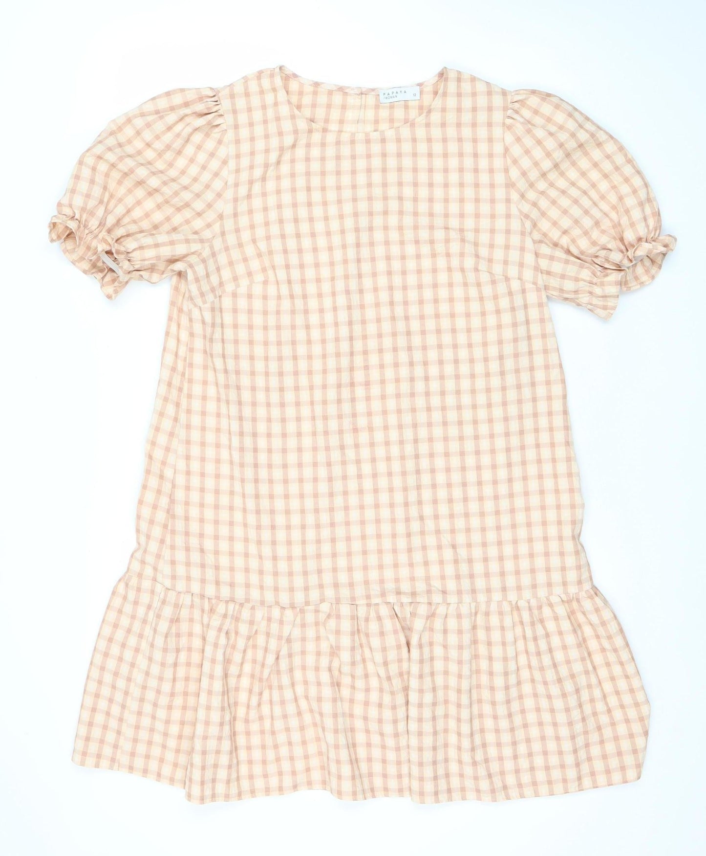 Papaya Women’s Beige Check Shift Dress Size 12 Puff Sleeve Ruffle