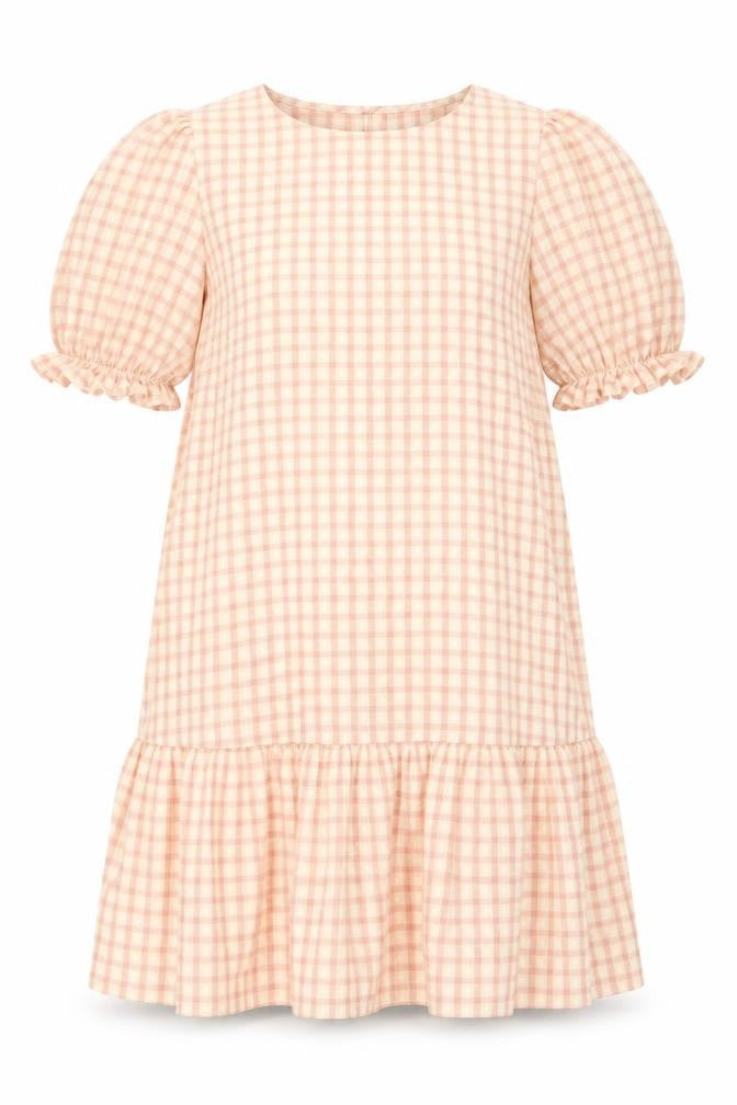 Papaya Women’s Beige Check Shift Dress Size 12 Puff Sleeve Ruffle