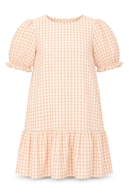 Papaya Women’s Beige Check Shift Dress Size 12 Puff Sleeve Ruffle