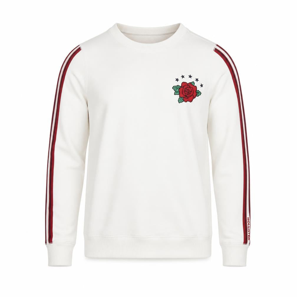 Hollister Men's White Sweatshirt S Pullover Crew Neck Rose Embroidered