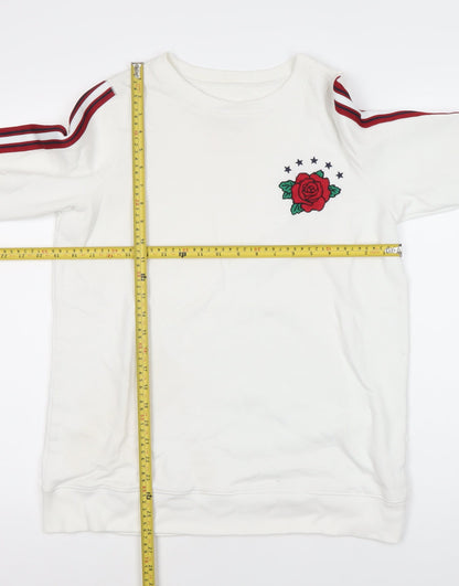 Hollister Men's White Sweatshirt S Pullover Crew Neck Rose Embroidered