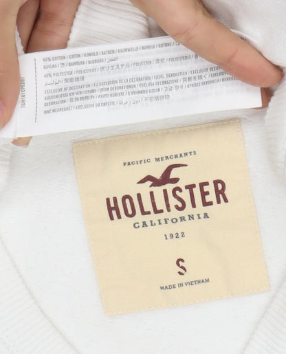 Hollister Men's White Sweatshirt S Pullover Crew Neck Rose Embroidered