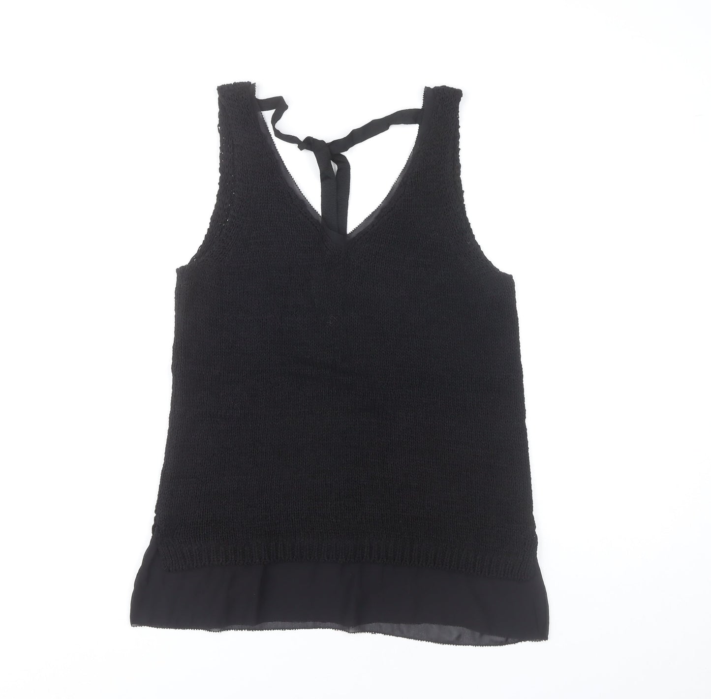 Next Women's Black Knit Tank Top Size S V-Neck Bow Detail