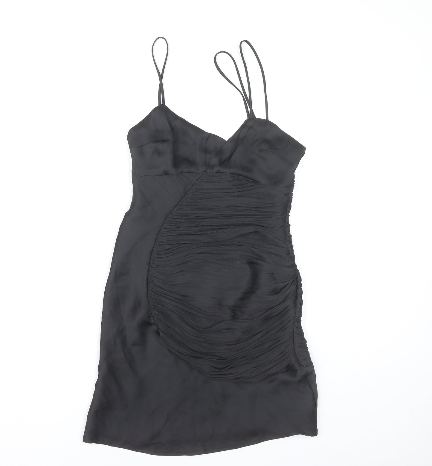 Zara Women Black XS Bodycon Ruched Strappy Cocktail Dress