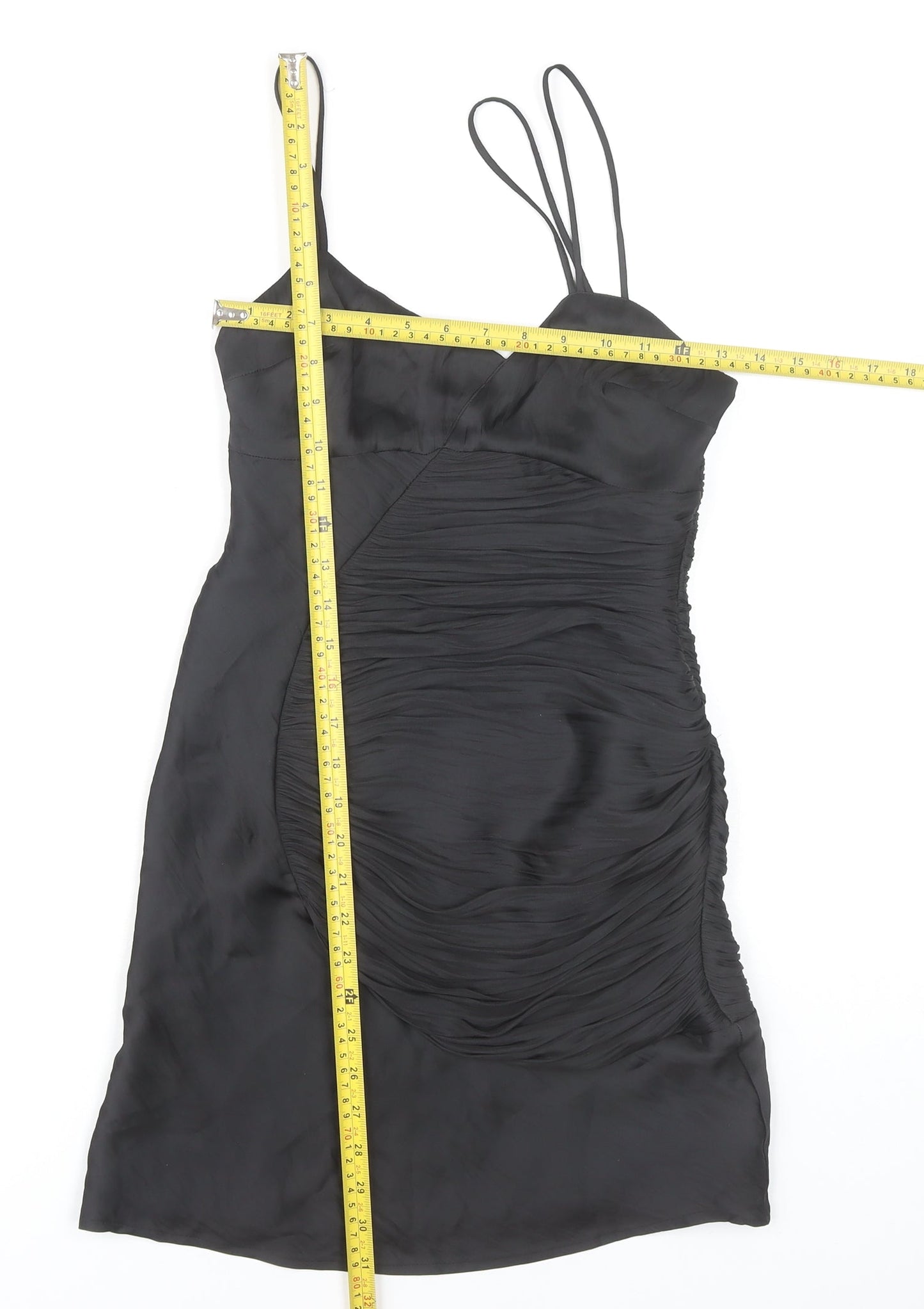 Zara Women Black XS Bodycon Ruched Strappy Cocktail Dress