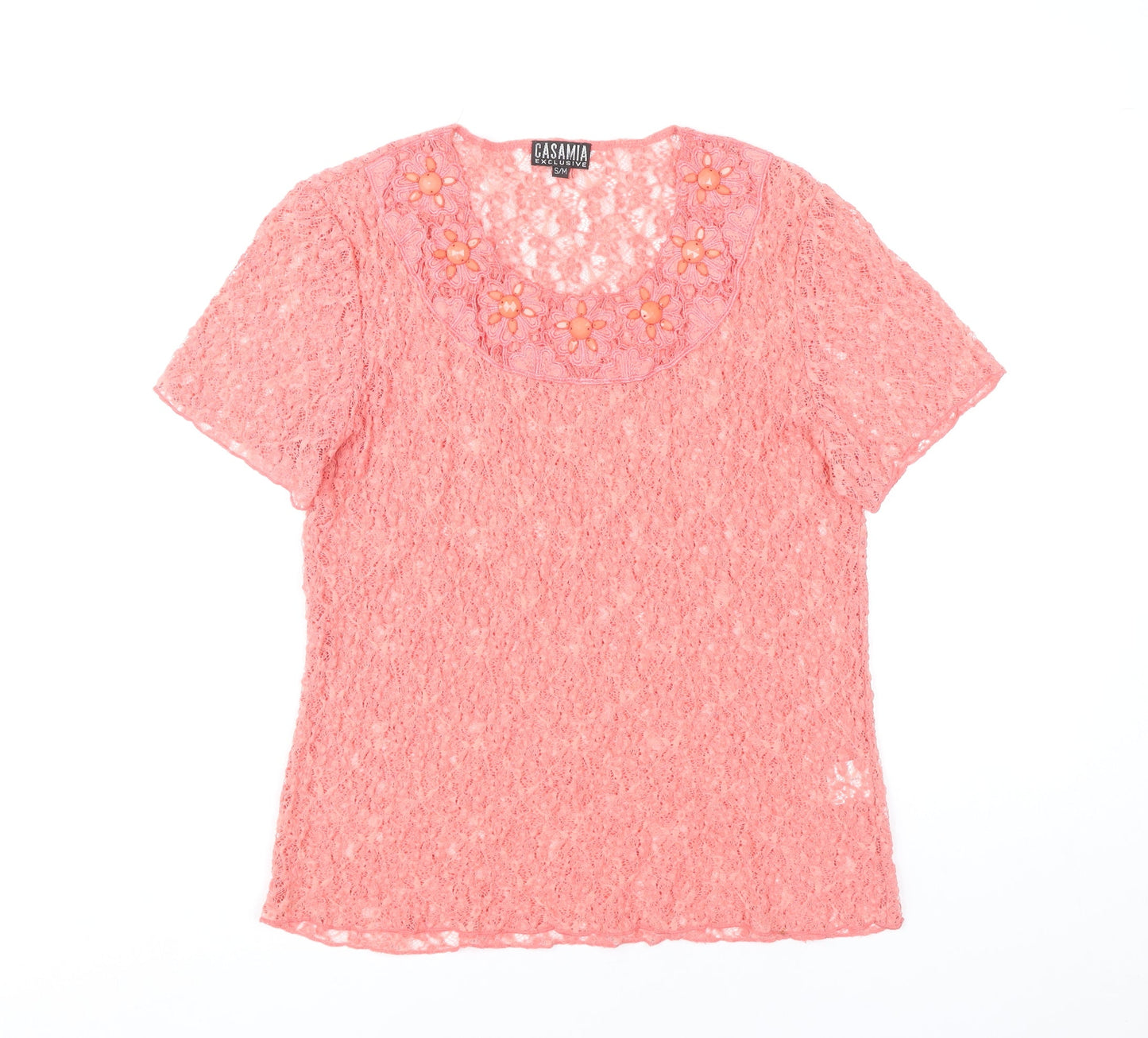 Casamia Women’s Pink Lace Scoop Neck Blouse S Short Sleeve