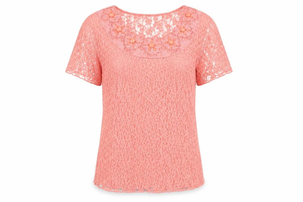 Casamia Women’s Pink Lace Scoop Neck Blouse S Short Sleeve