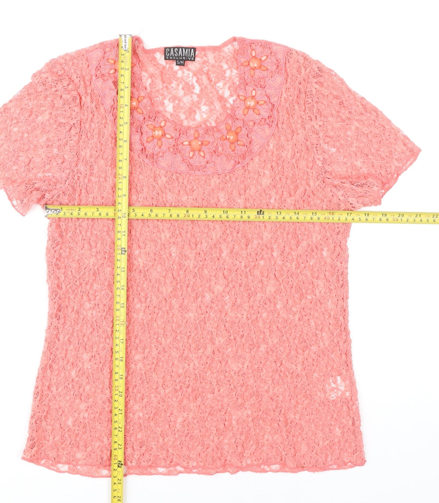 Casamia Women’s Pink Lace Scoop Neck Blouse S Short Sleeve