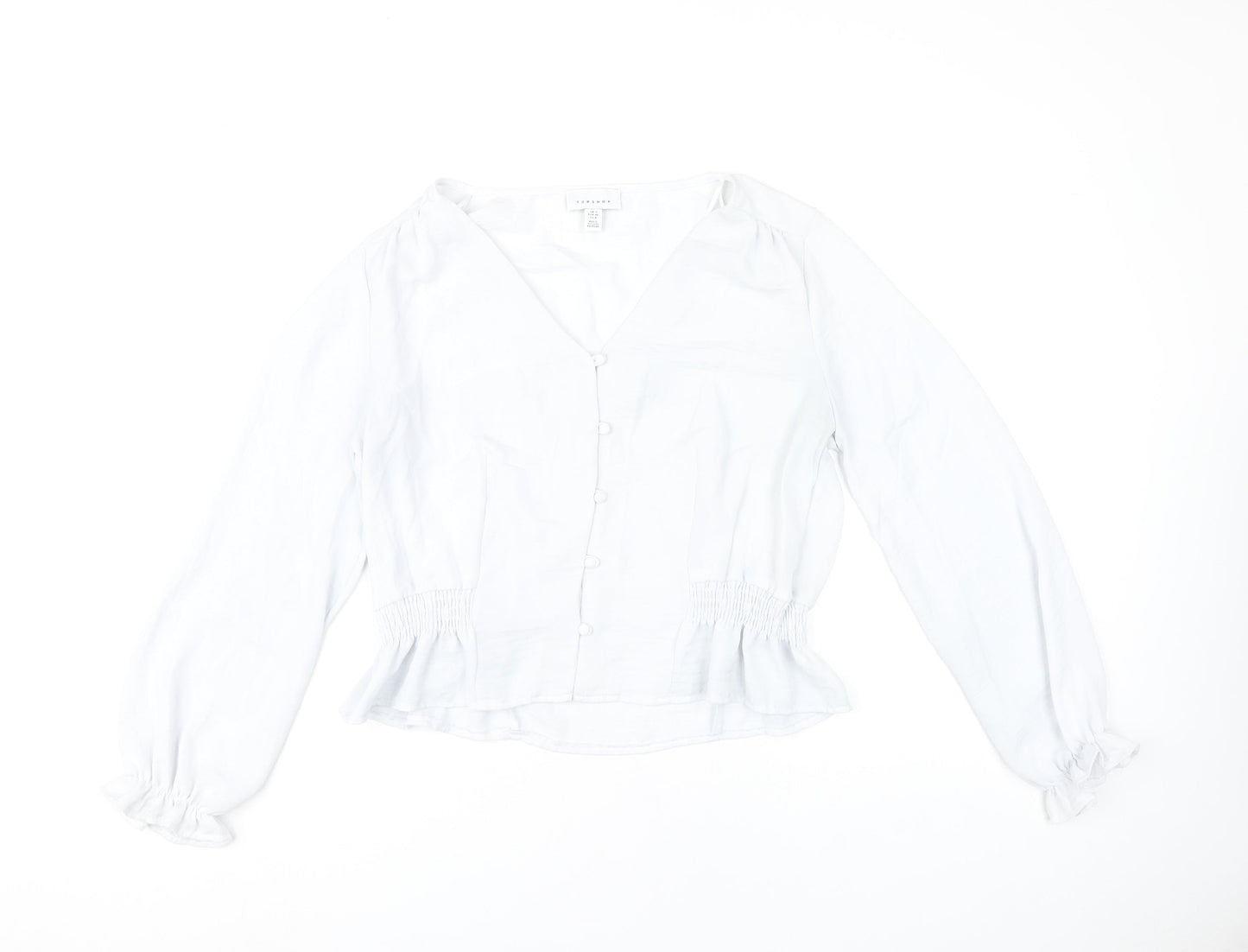 Topshop Women’s White Blouse UK 12 Long Sleeve V-Neck Ruffle