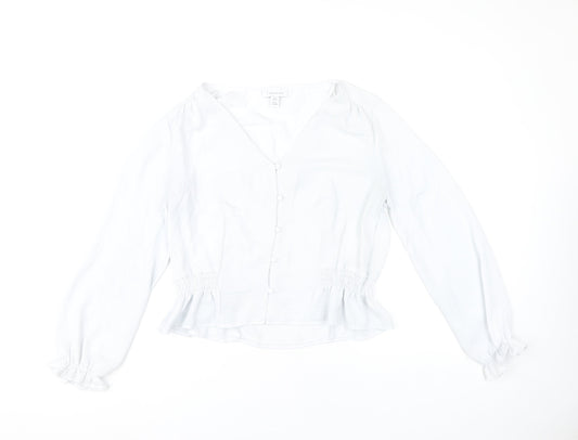 Topshop Women’s White Blouse UK 12 Long Sleeve V-Neck Ruffle