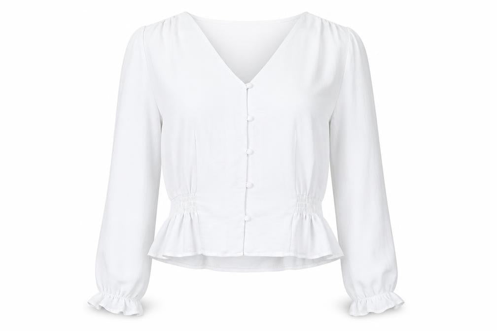 Topshop Women’s White Blouse UK 12 Long Sleeve V-Neck Ruffle