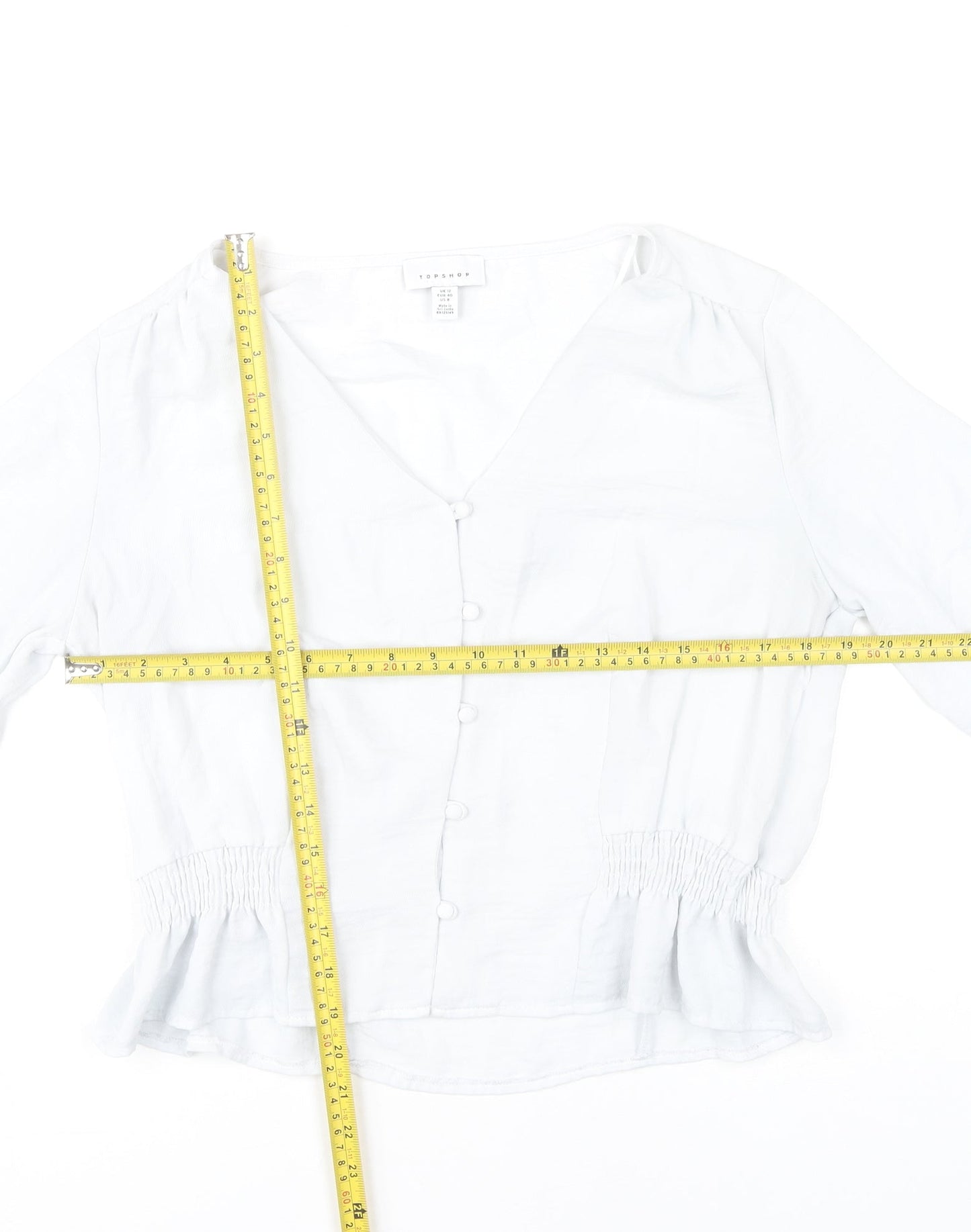 Topshop Women’s White Blouse UK 12 Long Sleeve V-Neck Ruffle