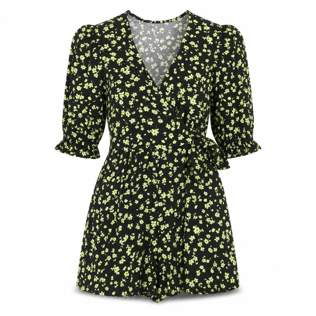 New Look Womens Black Floral Playsuit Size 6 Puff Sleeve V-Neck