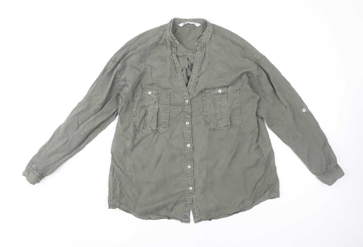 Zara Women's Green Lyocell Button-Up Tunic Shirt S Long Sleeve