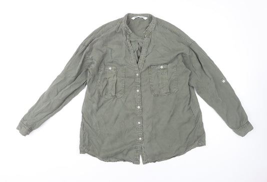 Zara Women's Green Lyocell Button-Up Tunic Shirt S Long Sleeve
