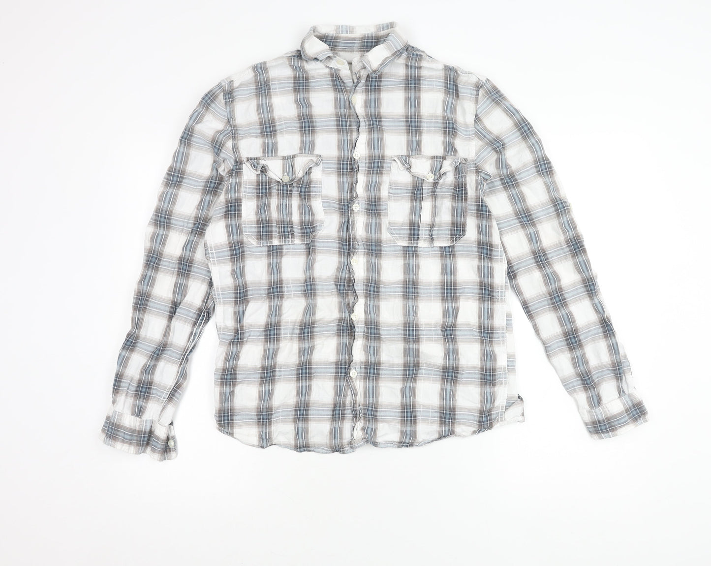 M&Co Womens Blue Check Cotton Button Up Shirt Size S Long Sleeve