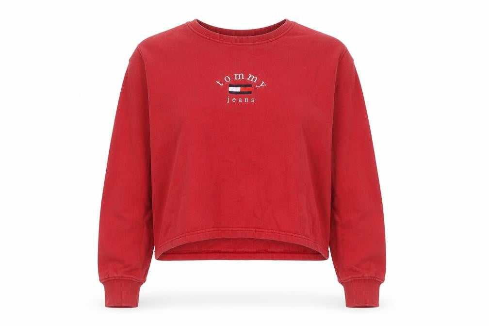 Tommy Jeans Women Red Cotton Sweatshirt L Embroidered Logo Pullover