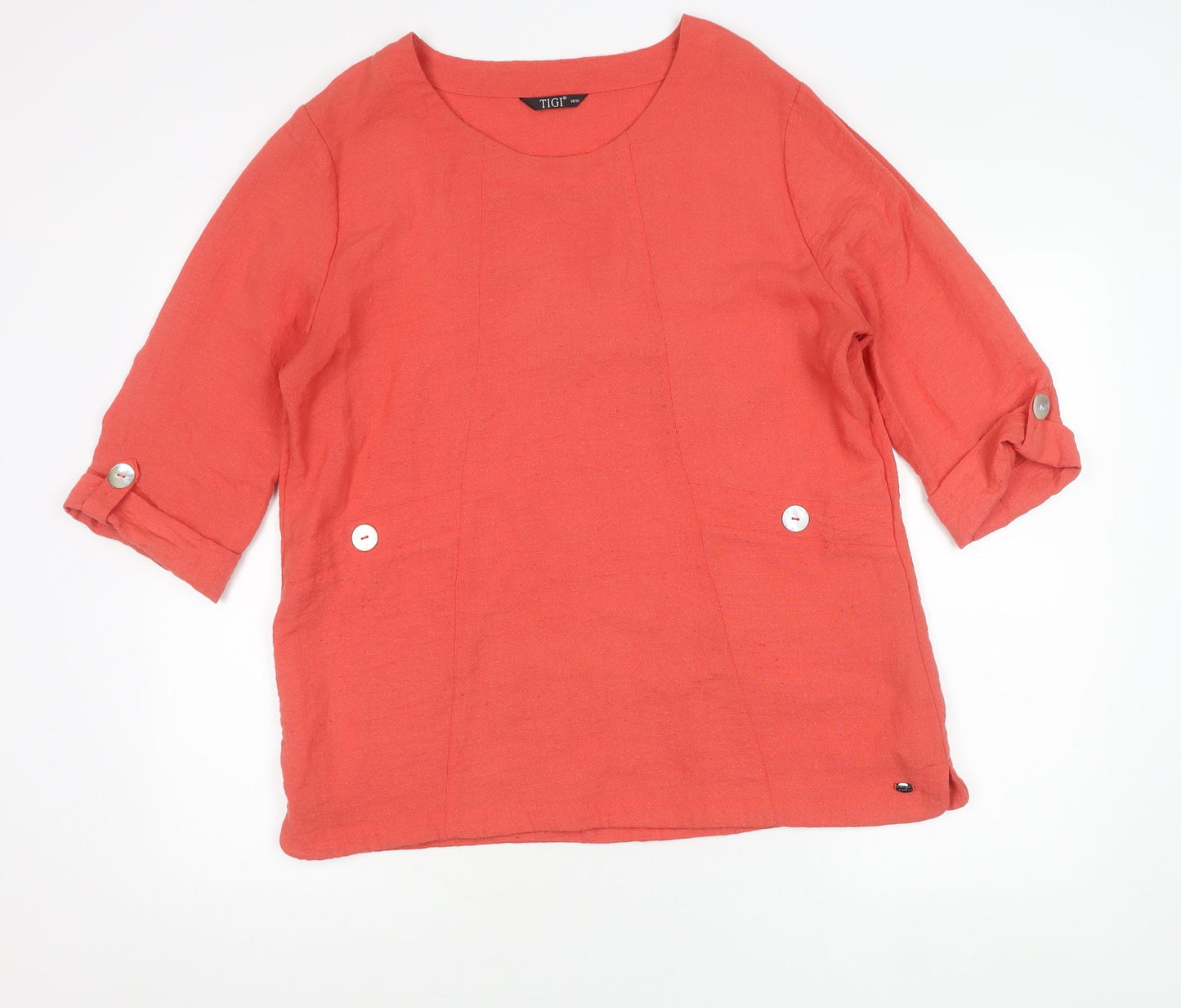 TIGI Womens Red Tunic Blouse Size 14 3/4 Sleeve Rayon Blend