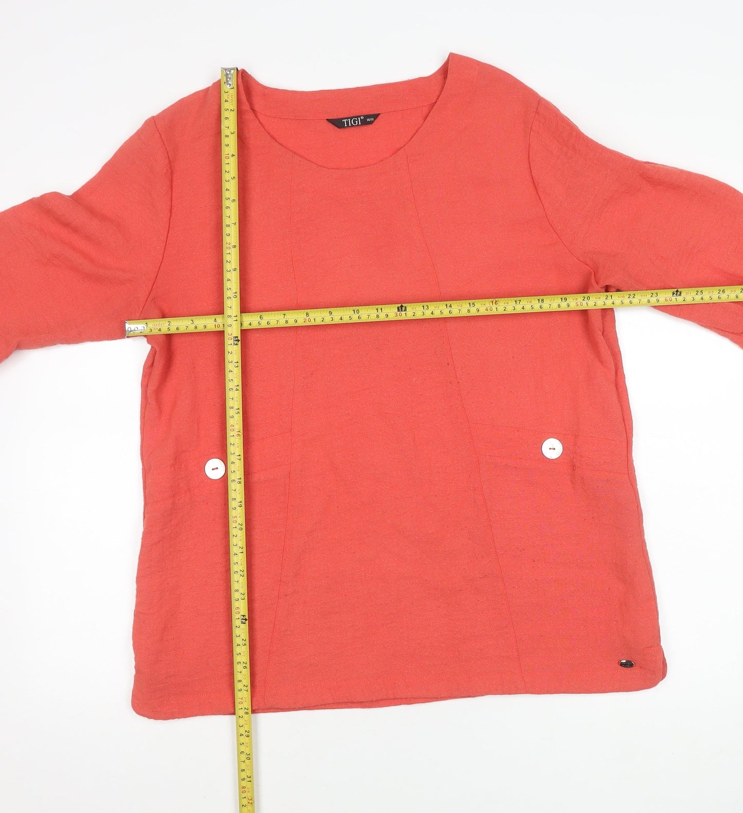 TIGI Womens Red Tunic Blouse Size 14 3/4 Sleeve Rayon Blend