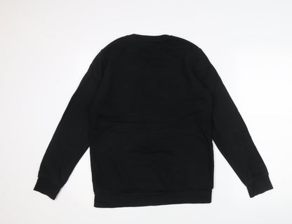 Close-up detail of Adidas men’s black xs pullover crew neck logo sweatshirt