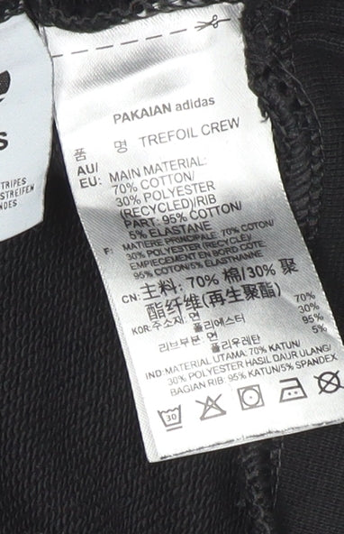 Brand and care label for Adidas men’s black xs pullover crew neck logo sweatshirt